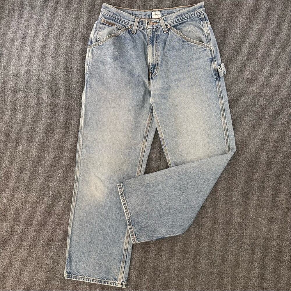 Vtg 90s Calvin Klein Worker Jean Y2K Baggy Carpenter Cargo Stone Wash Unisex 30